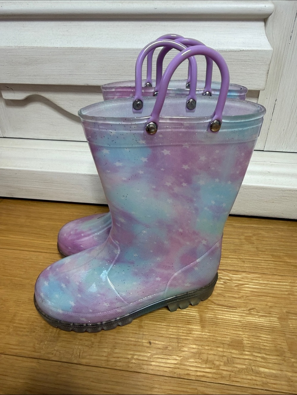 Kids Pastel Galaxy Rain Boots with Purple Handles